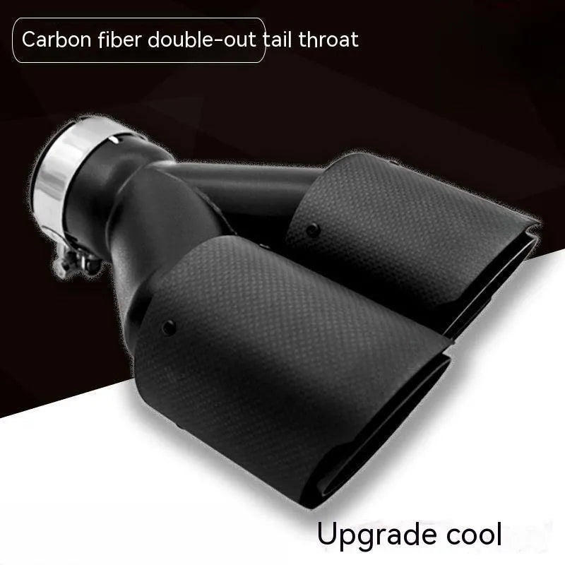 Black carbon fibre car exhaust pipe with twin outlet design measuring 250mm in length
