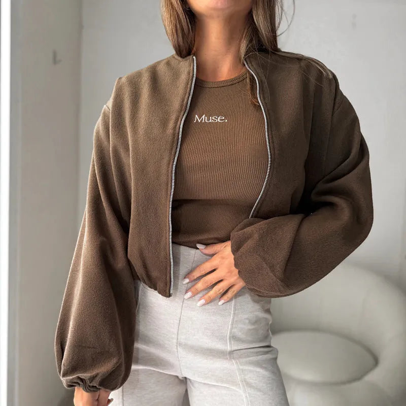 Women's off-shoulder lantern sleeve short coat in brown or milky white polyester fabric
