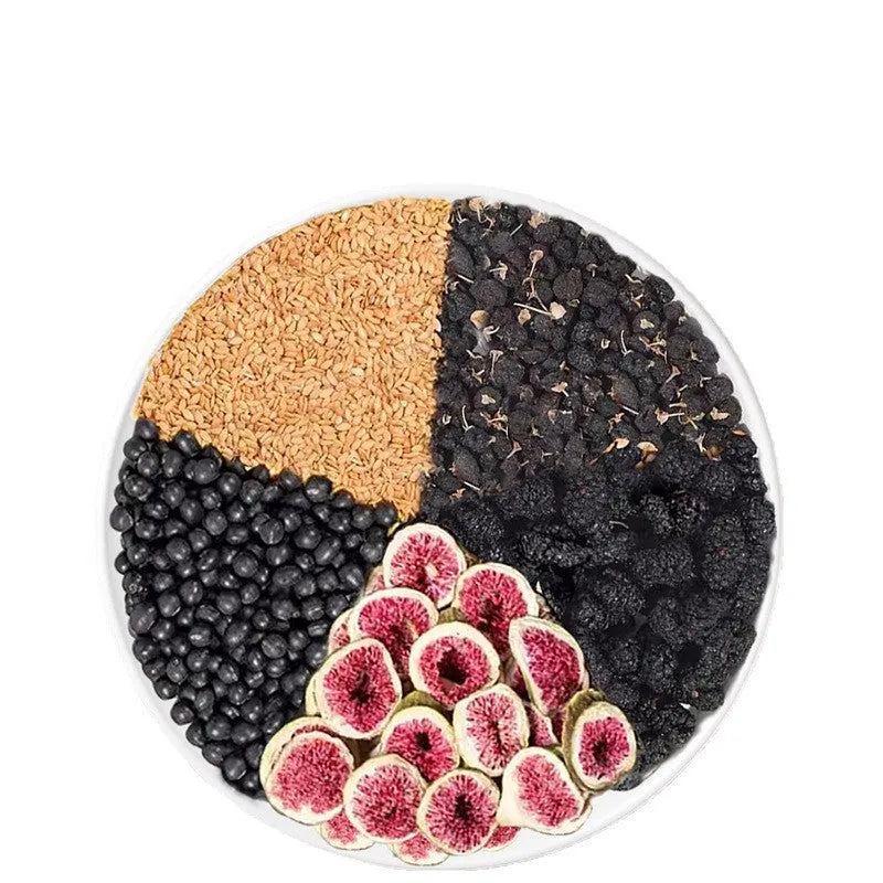 Box of mulberry and black wolfberry tea sachets with a reusable cup, showing pack size options.
