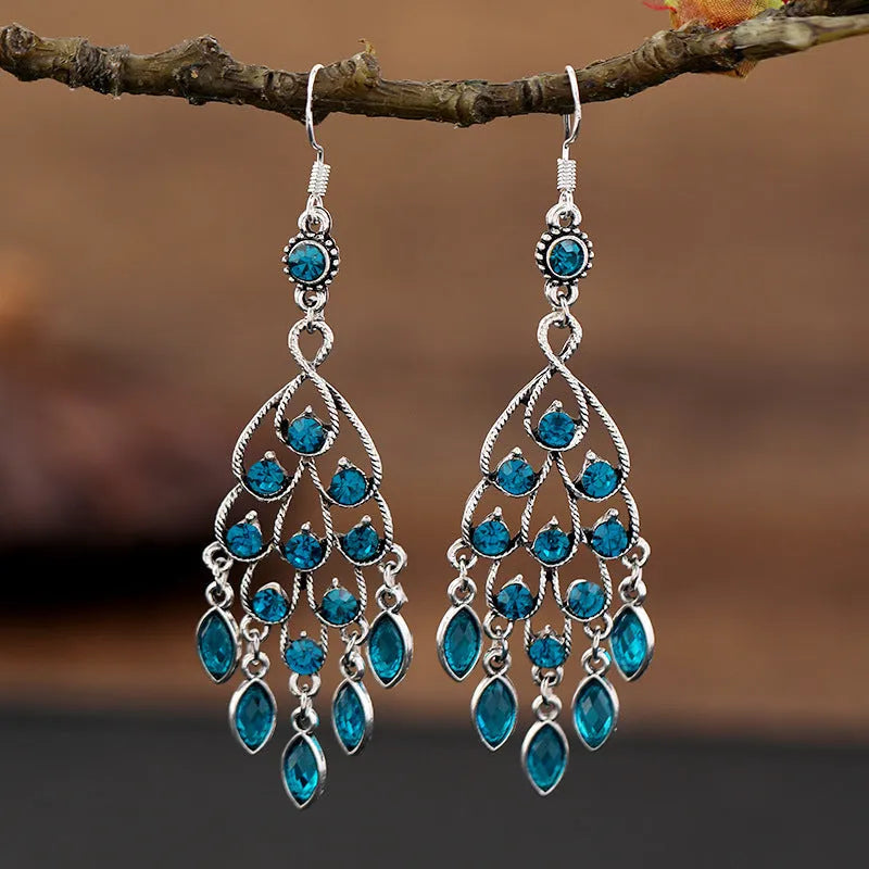 Purple retro court crystal long fringe drop earrings with ethnic style elements