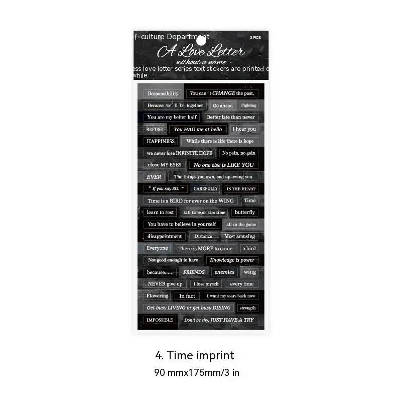 Three Ins style English quotation stickers in 90x175mm size on Japanese paper.