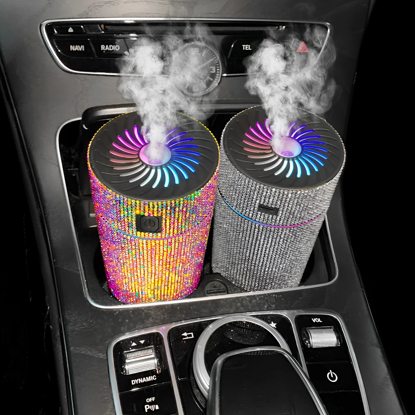 Compact white car USB air humidifier with Water Diamond technology measuring 14cm