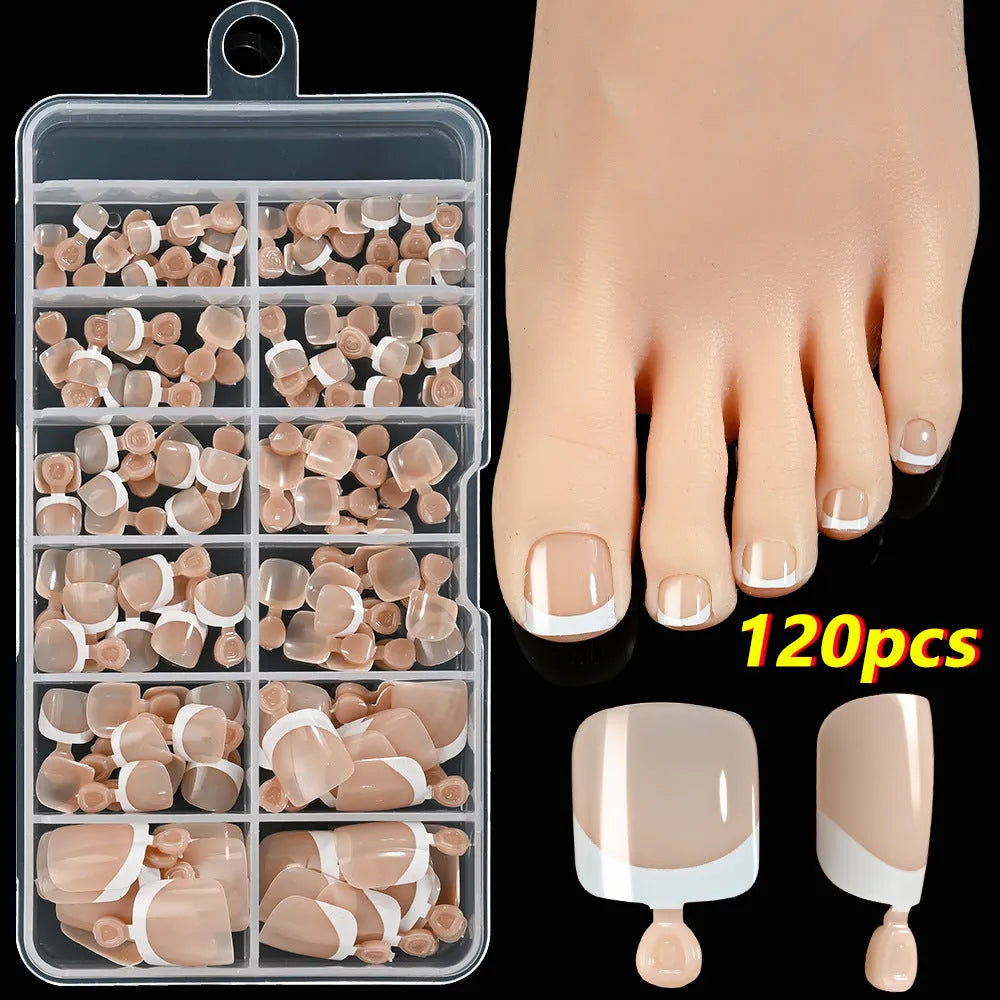 120 piece box of French white edge nude artificial toenails in nine shades, square short shape for toes.