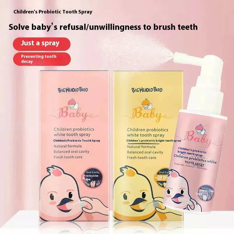 Children's probiotic white teeth cleaning spray in 40ml bottle with strawberry or orange flavour options