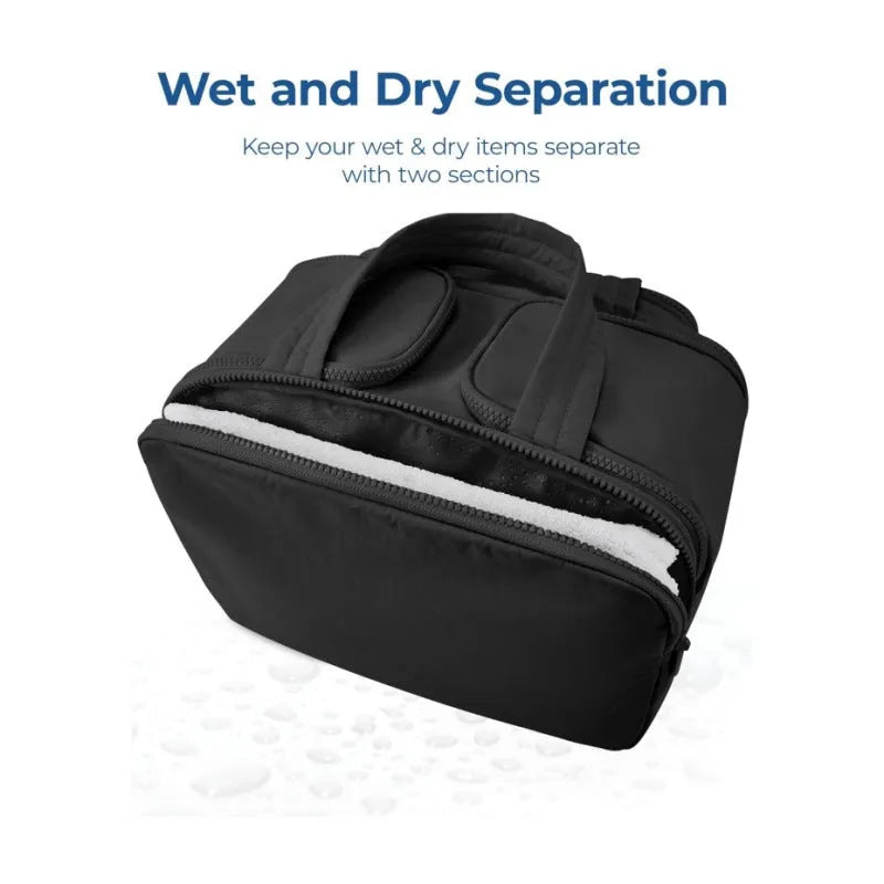 Large travel toiletry bag with wide open top showing interior capacity