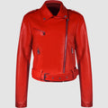 Women's red PU leather motorcycle jacket with a short lapel collar and an adjustable waist belt.