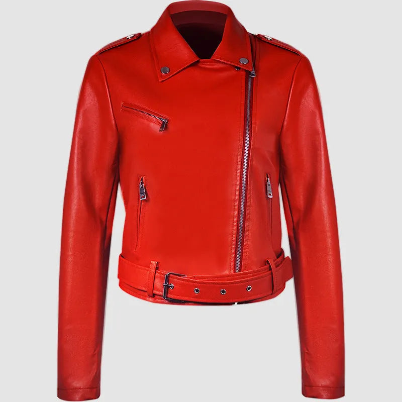 Women's red PU leather motorcycle jacket with a short lapel collar and an adjustable waist belt.