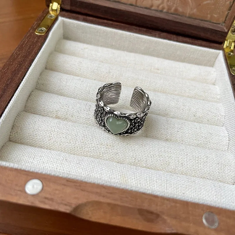 Retro wide-faced moonlight design heart shape adjustable ring in silver plating