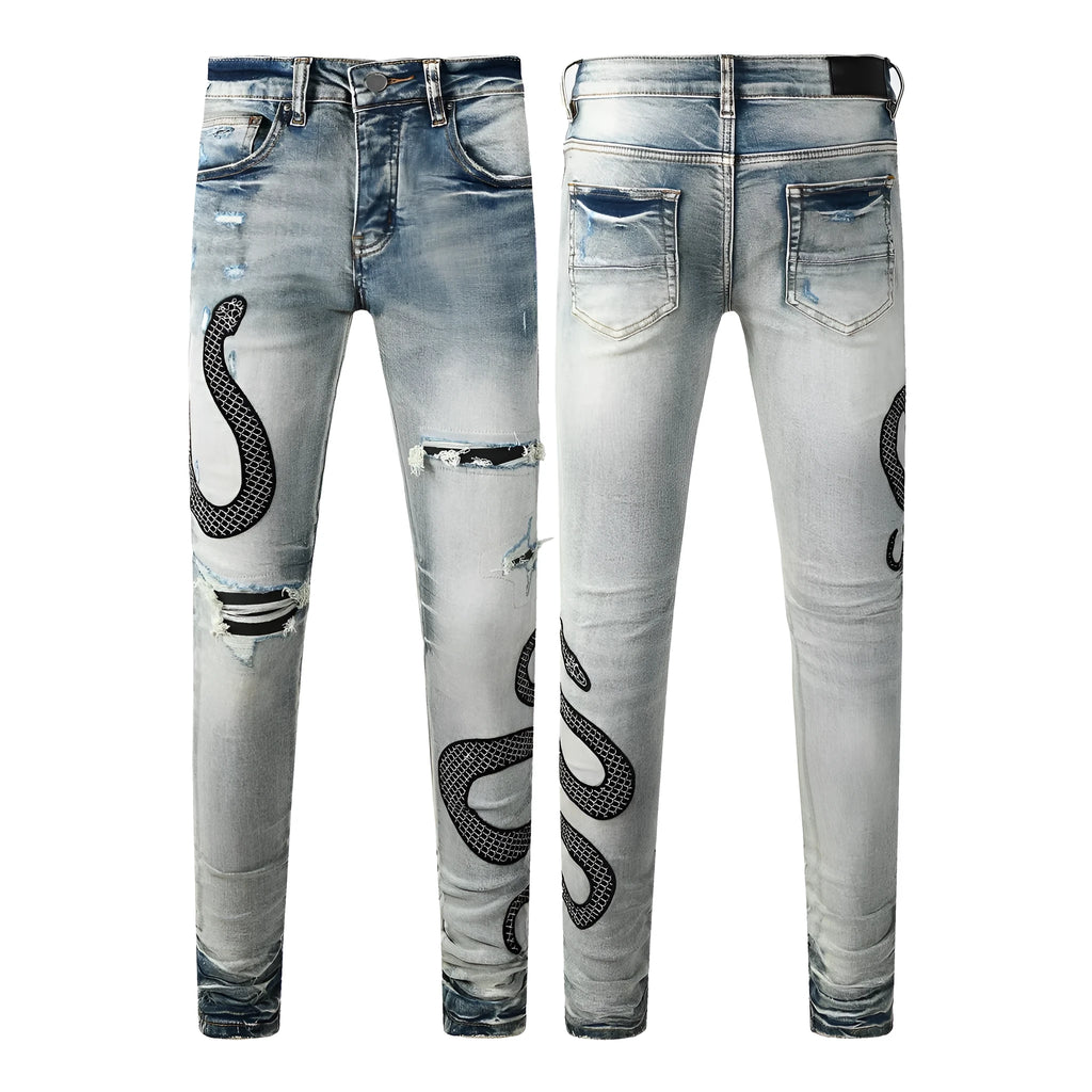 8934Blue distressed skinny jeans with button fly and mid-waist street fashion styling