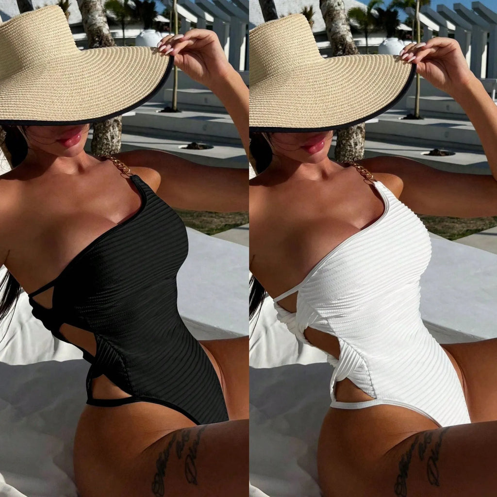 Women's solid colour polyester one-piece swimsuit in beige for swimming and wading