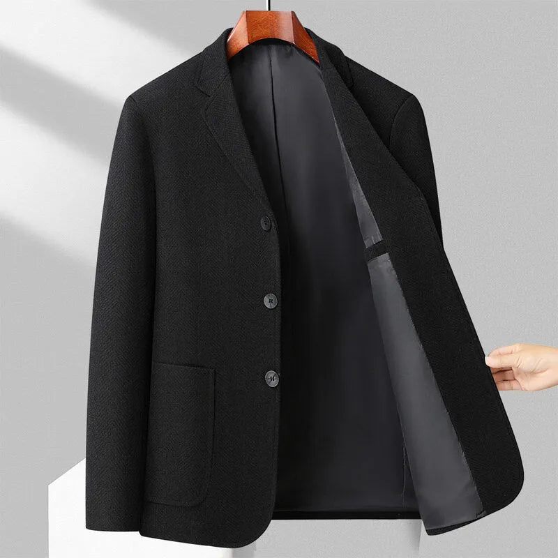 Men's solid colour woolen style coat in a loose fit, shown in black, khaki, grey, or dark blue.