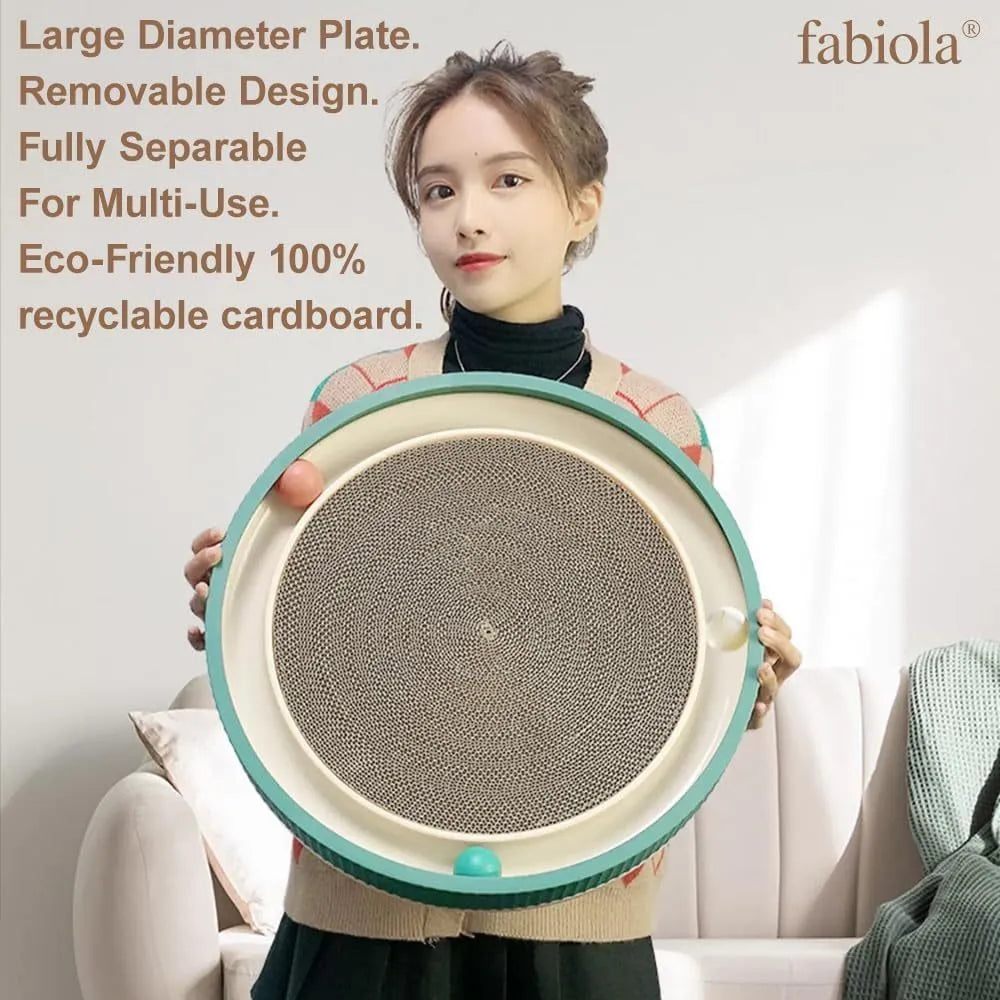 Large circular cat scratching board with built-in ball toys and replaceable cardboard core