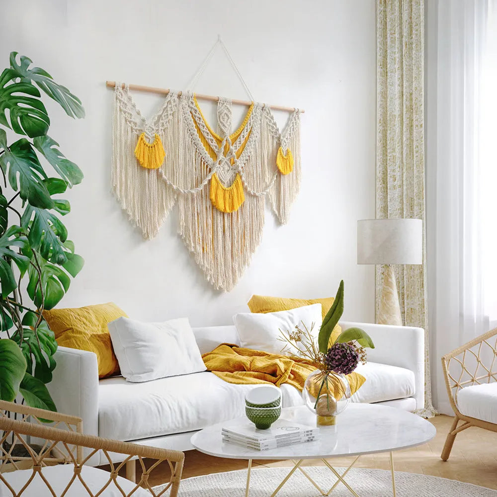 Nordic style cotton woven wall tapestry measuring 120x95cm in creamy-white colour