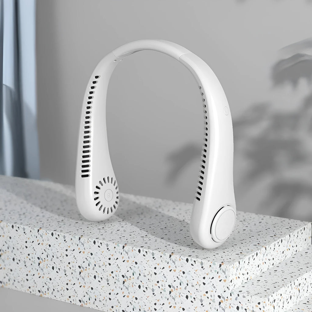White USB charging portable bladeless neck fan with adjustable wind speed settings