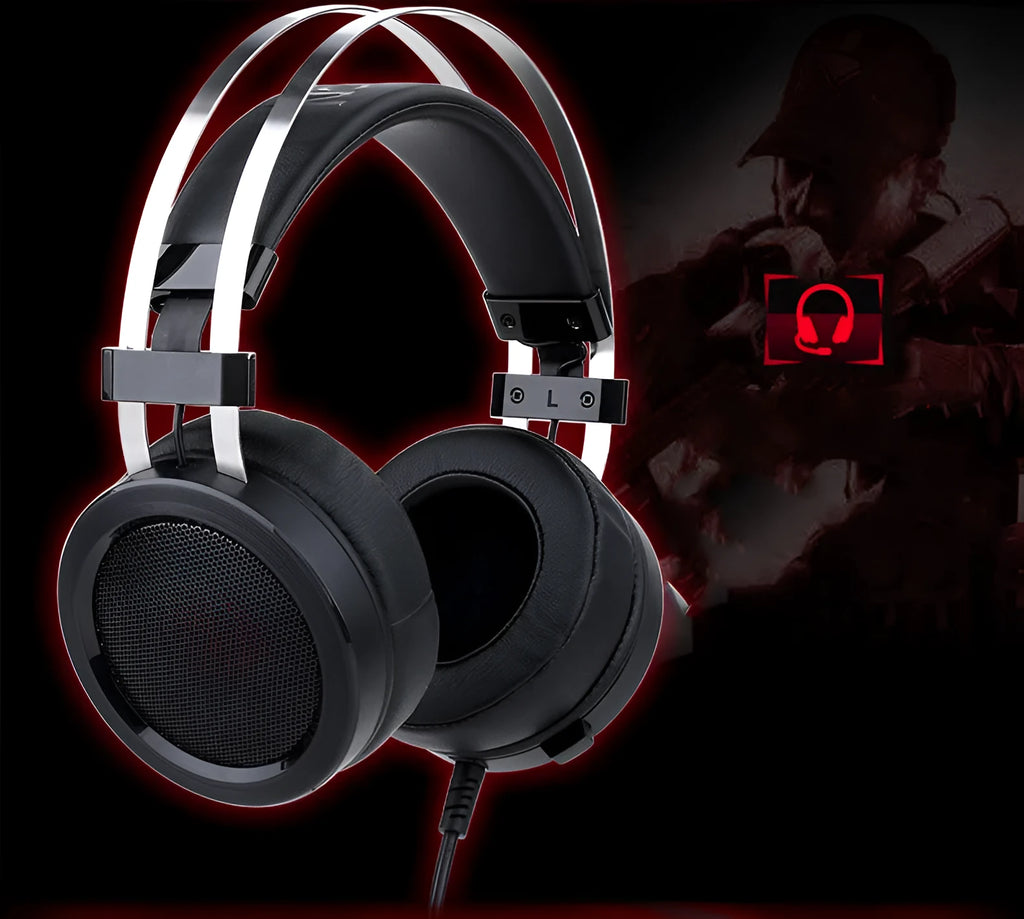 Black wired gaming headset with 3.5mm jack and 2 metre cable for computer gaming