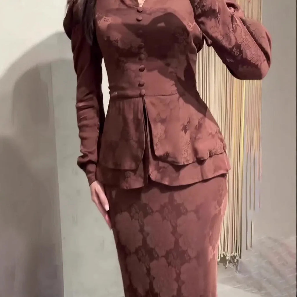 Dark brown retro artistic long dress with floral plant pattern, button detailing, and long sleeves
