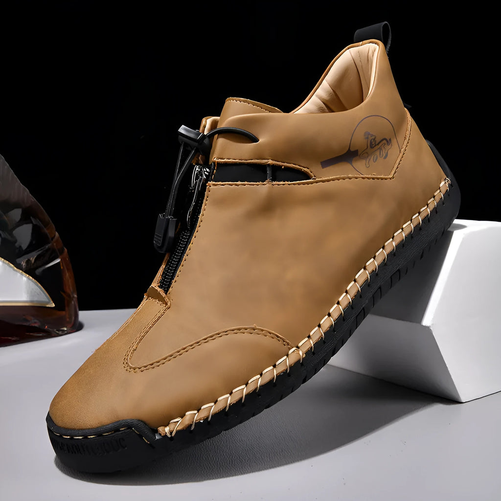 Casual men's leather shoe in green with round toe, mid heel, and decorative stitching