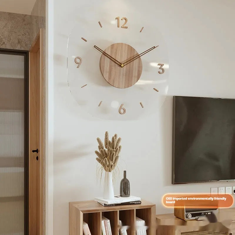 35cm square transparent wall clock with wooden frame in modern design