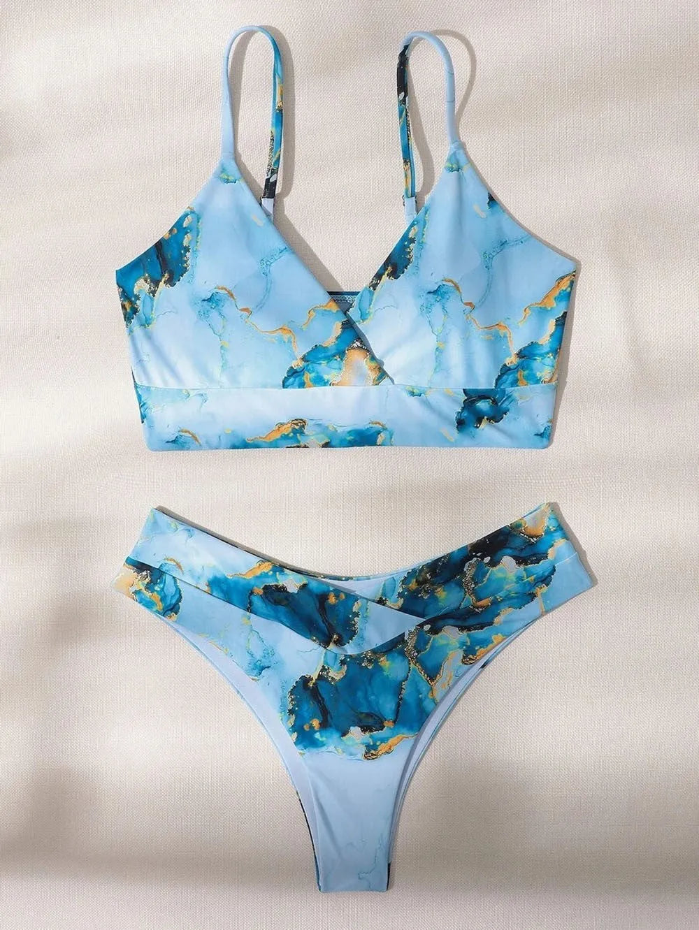 Women's marble tie-dye high waist bikini with U-neck top and conservative briefs