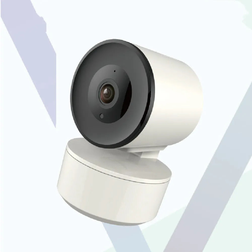 White indoor WiFi security camera with lens on a swivel base for pan and tilt movement.