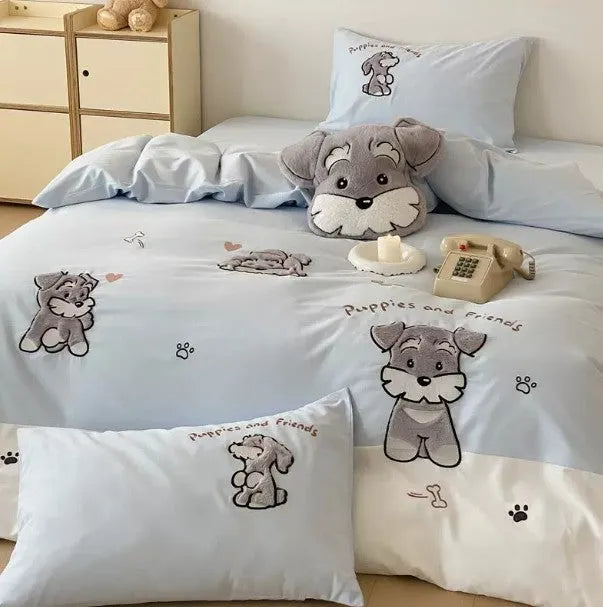 Cute Schnauzer cartoon pattern on thickened cotton quilt cover and pillow from a complete bedding set.