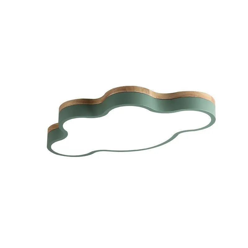 Modern cloud shaped LED ceiling light in wooden pink finish, mounted on a white ceiling.