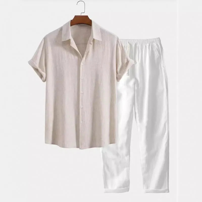 Men's casual linen-look shirt and trousers set in loose fit design with short sleeves