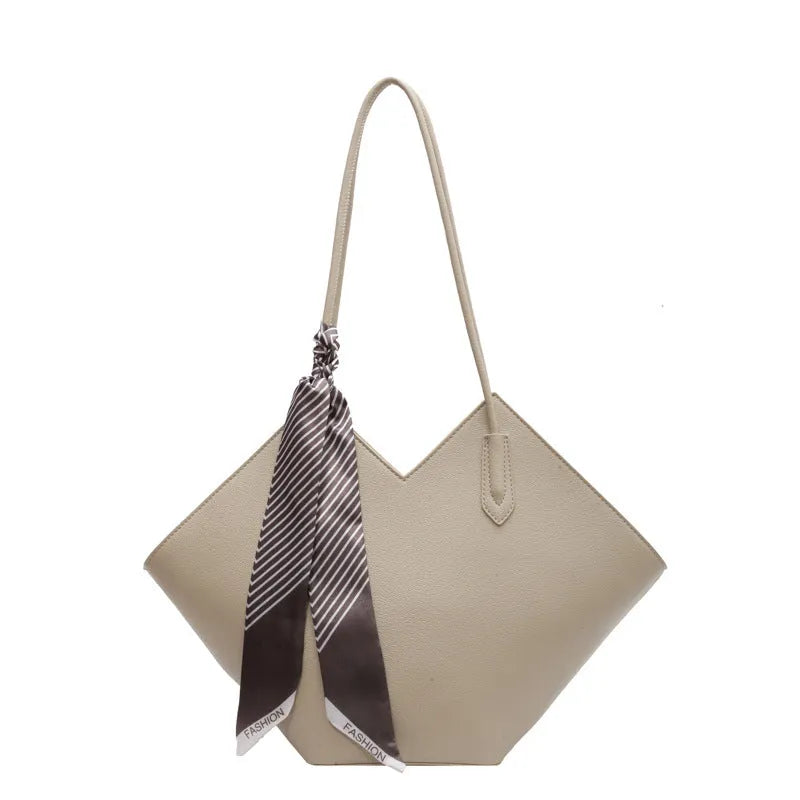 Women's large beige PU leather shoulder bag with square shape and external pocket