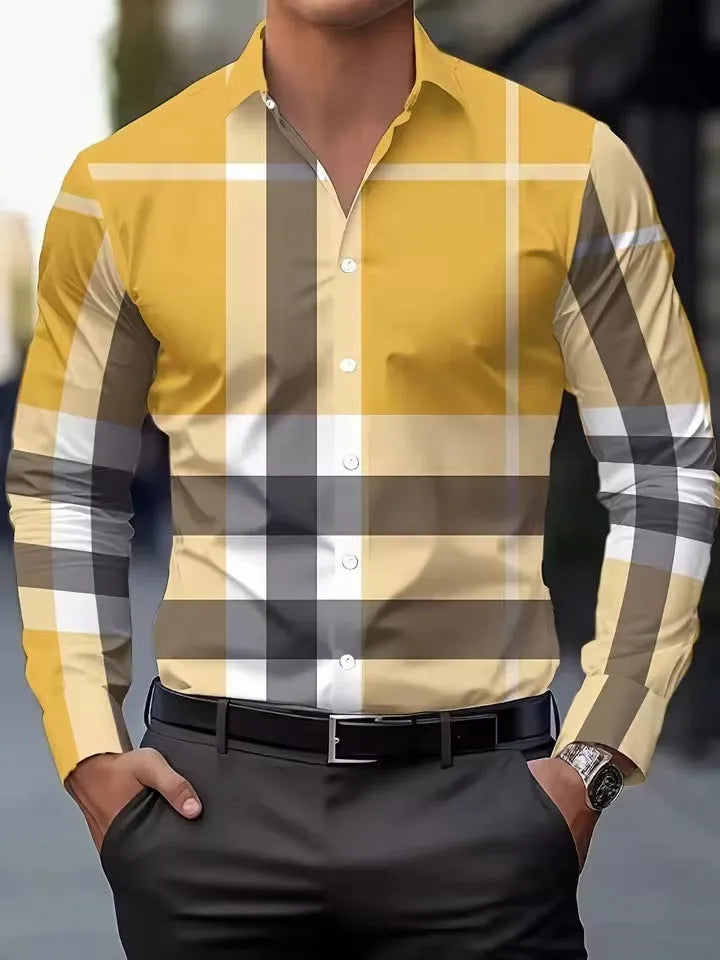 Men's striped printed long sleeve shirt with button lapel collar in a colour selection.
