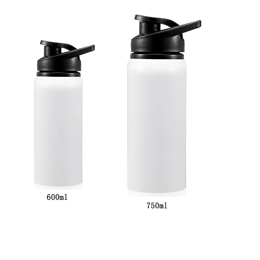 White aluminium cycling water bottle with 600ml and 750ml capacity options for sports hydration