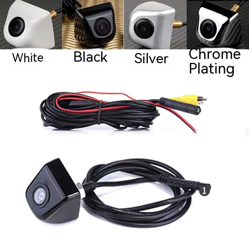HD car reversing camera with metal housing showing integrated cable and screw mounting