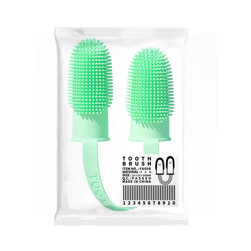 TPR pet dental cleaning finger set in pink, blue green, and yellow for dog and cat teeth.
