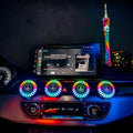3D RGB car atmosphere light mounted on a car air vent, showing voice control and aromatherapy functions.