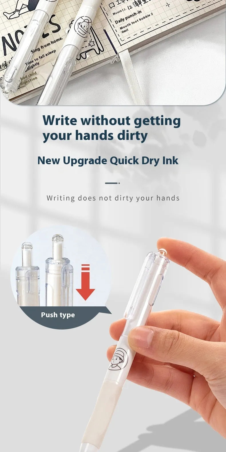 Five white plastic ballpoint pens with black ink and 0.5mm tips for writing and signatures.