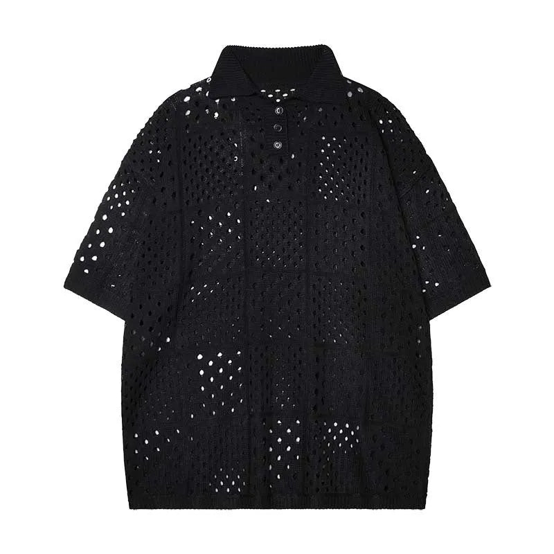 Short-sleeved knitting polo shirt with solid colour hollow design, loose cardigan style