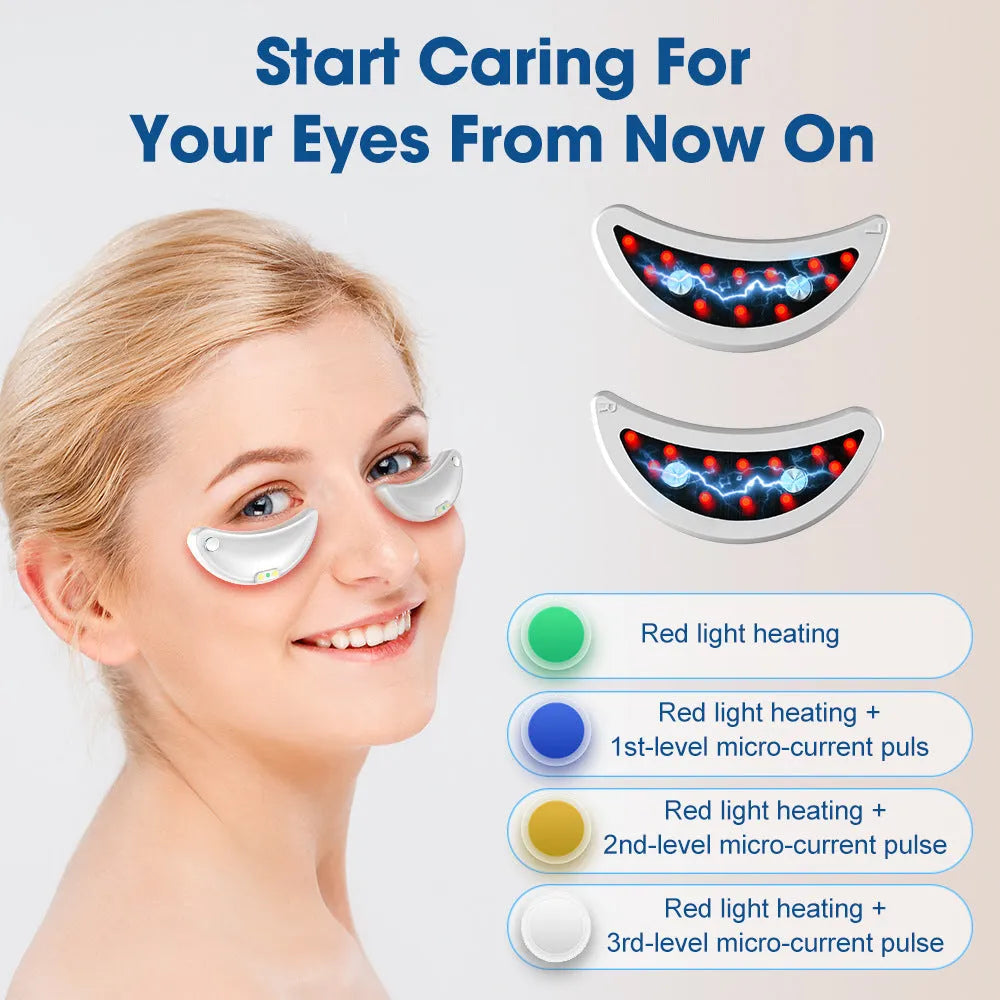 White wireless red light EMS eye and face two-in-one massage device on a white background.