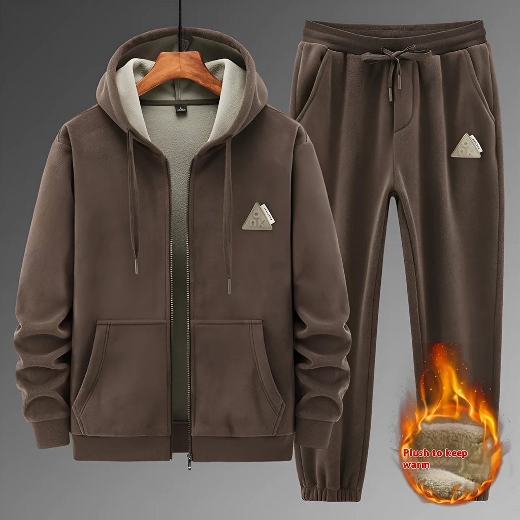 Grey men's cashmere hooded sweater and matching cotton trousers casual sports suit set on a hanger.