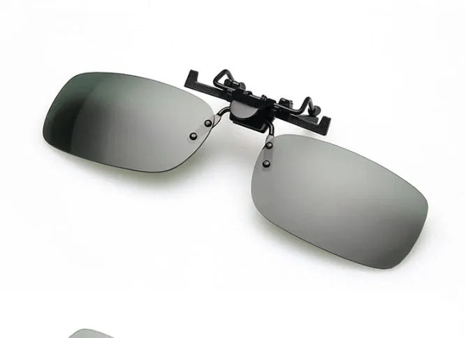 PC plastic clip-on sunglasses for prescription glasses in grey, dark green, and night vision tints