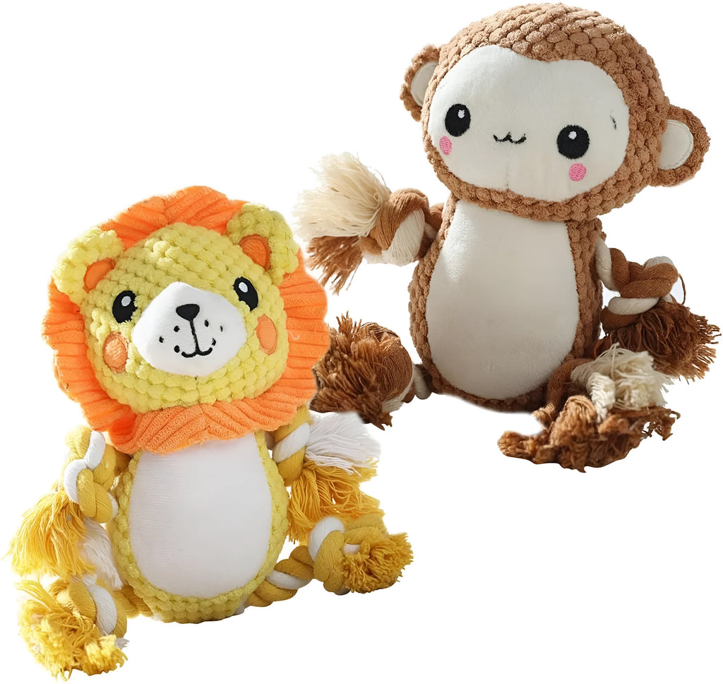 Lion and monkey soft plush squeaky dog toys for medium to large breeds