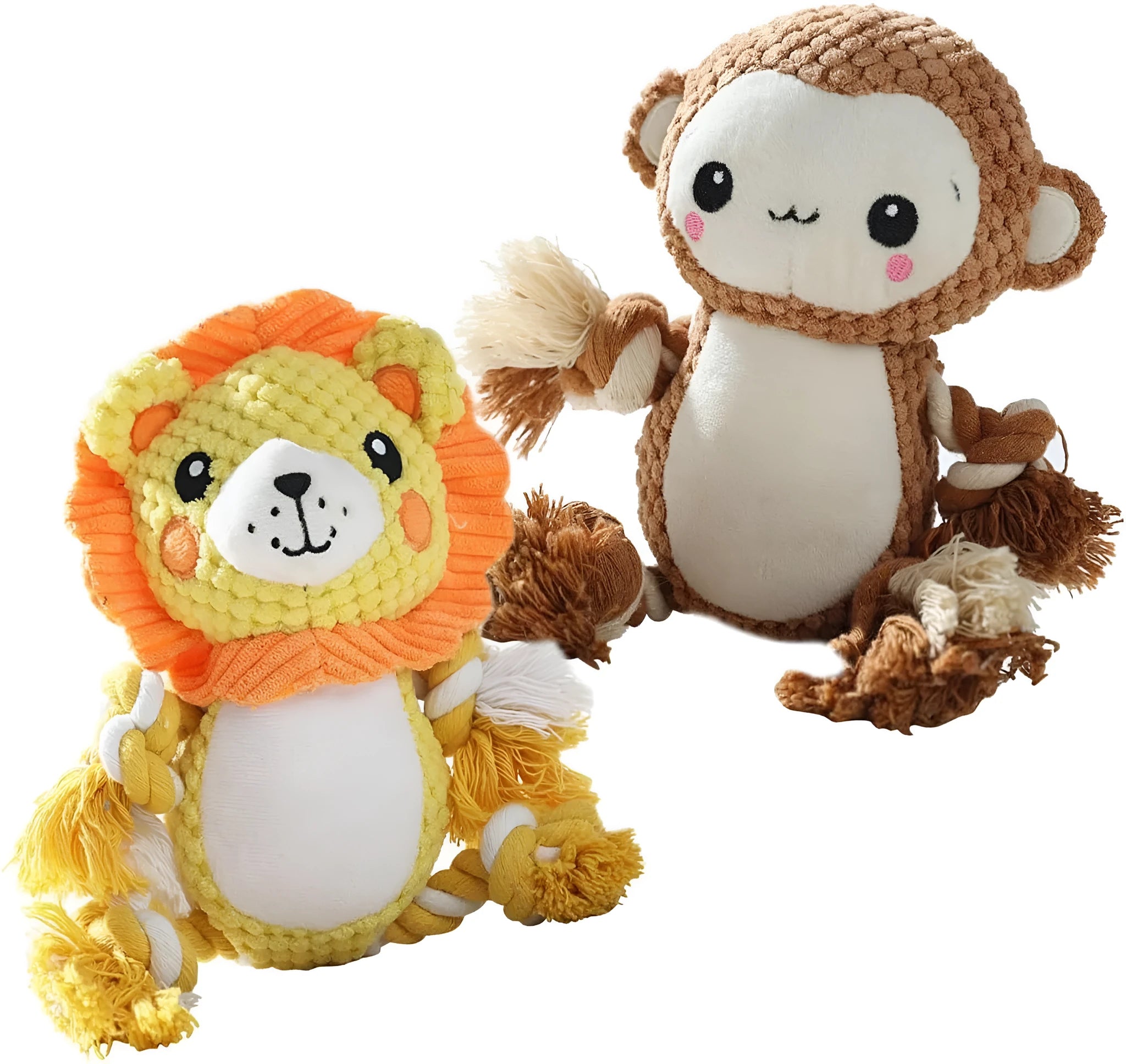 Lion and monkey soft plush squeaky dog toys for medium to large breeds