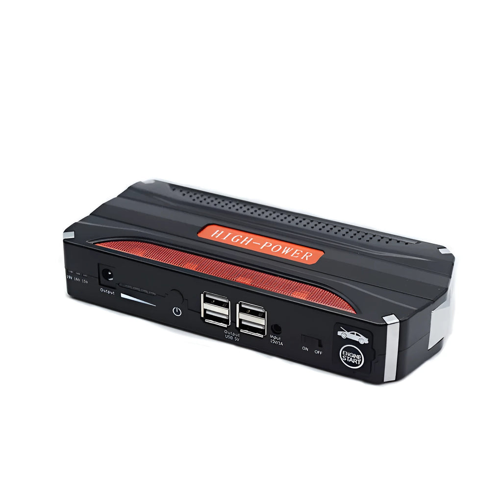Black red 12V vehicle emergency starting power supply with 7800mAh battery capacity measuring 178x80x30mm