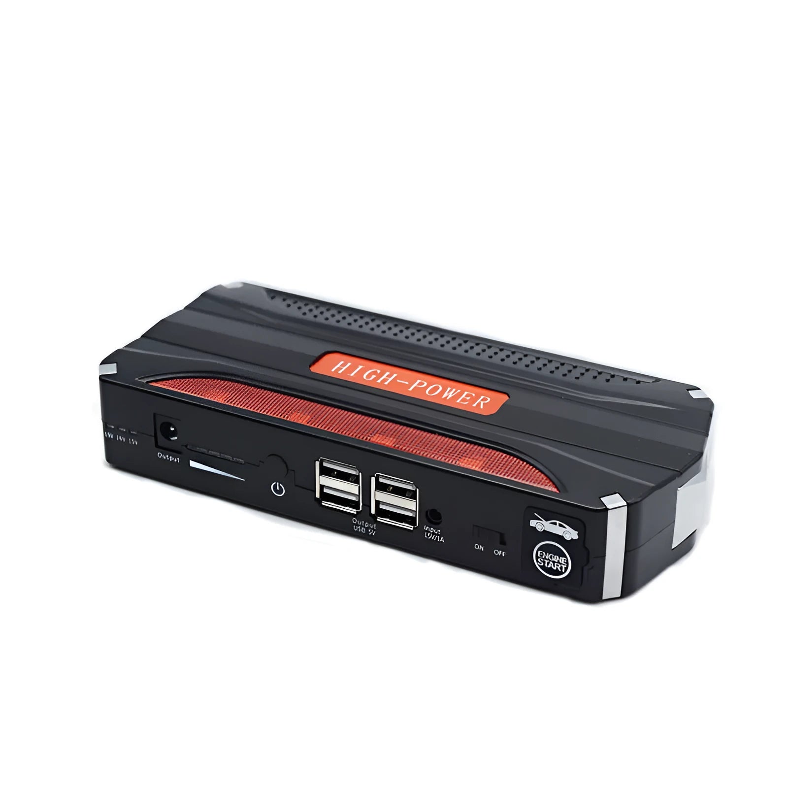 Black red 12V vehicle emergency starting power supply with 7800mAh battery capacity measuring 178x80x30mm