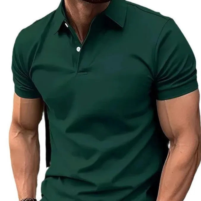 Men's slim fit short sleeve button-up shirt in cotton polyester blend, multiple solid colour options displayed