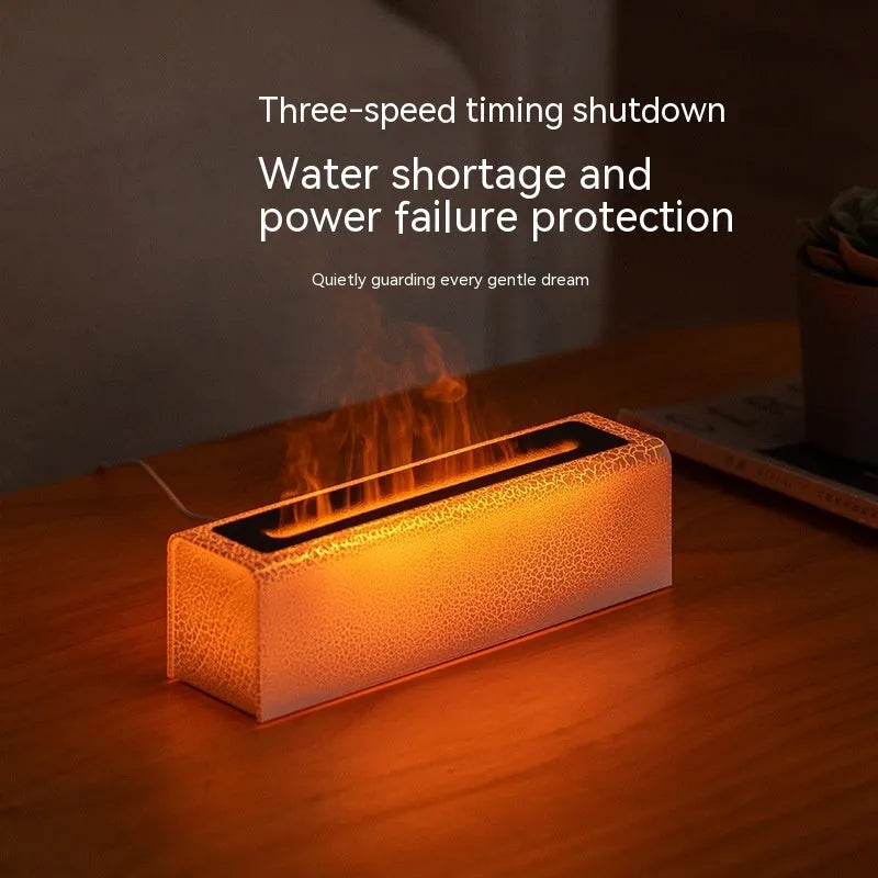 Creative square lava flame aroma diffuser and humidifier in black on a desktop with USB cable.
