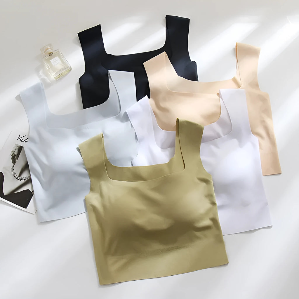 Women's non-marking nylon fixing cup sling vest in light blue colour showing seamless design