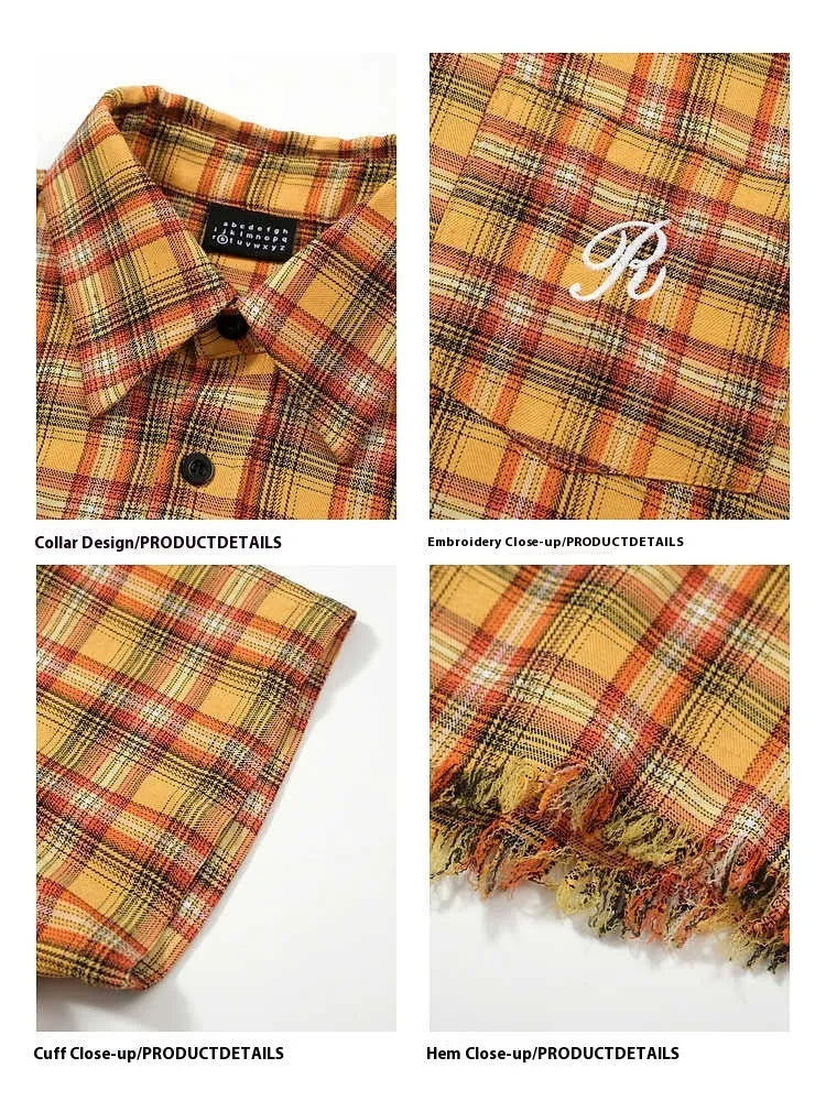 Yellow grid plaid shirt with embroidery pocket in loose-fit short sleeve design