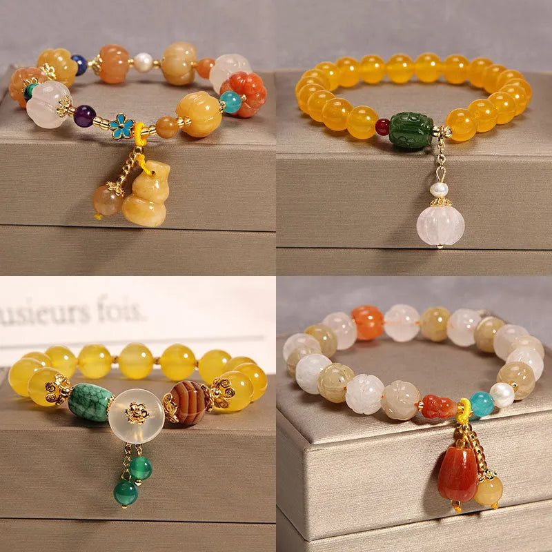Khaki yellow agate crystal bracelet with gold silk thread for women