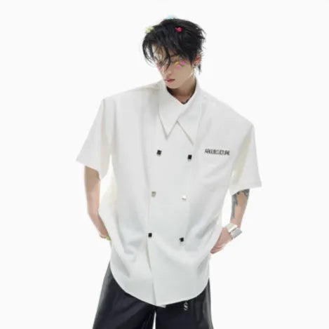 Men's loose fit casual short-sleeved summer shirt with metal buttons and splicing design