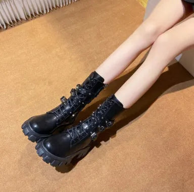 Women's black mid-calf buckle boots with side zipper and round toe