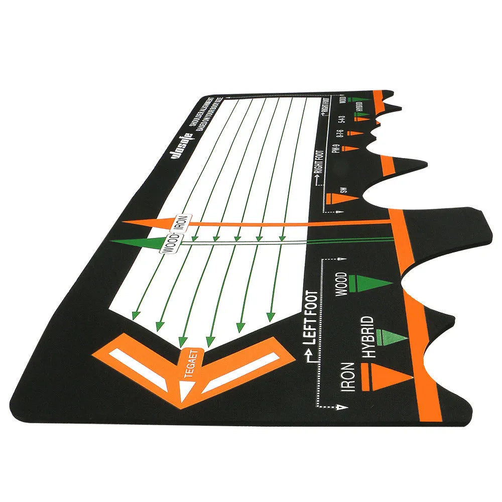 Black neoprene golf swing stance practice pad with alignment markers for posture correction.